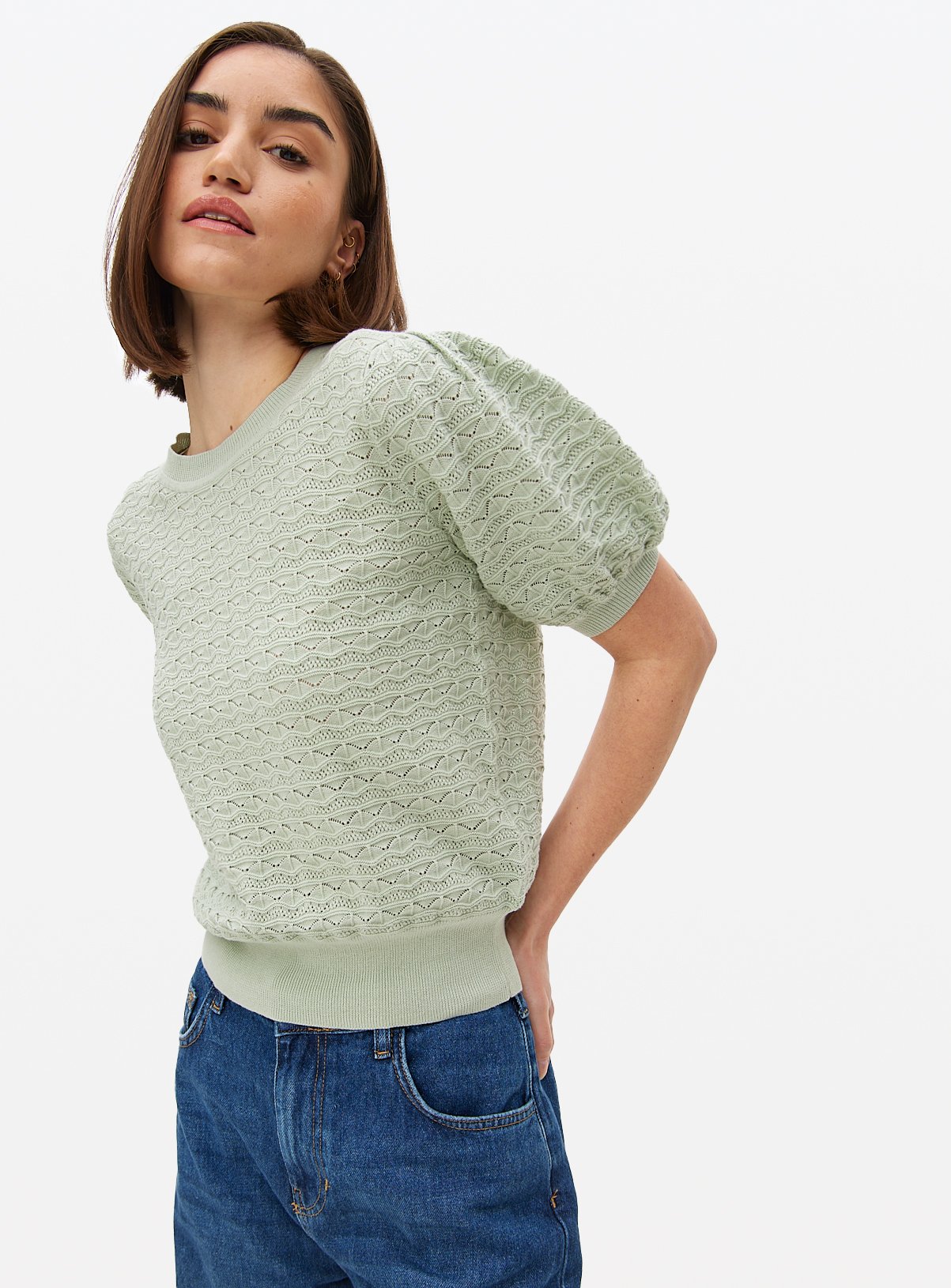 Pale Green Stitch Detail Puff Sleeve Top 24 - Image 1 thumbnail